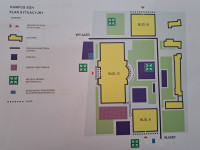 Pierwsza strona planu tyflograficznego budynku G, z widocznym rozmieszczeniem budynku na terenie kampusu