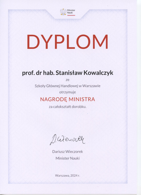 prof. Stanisław Kowalczyk otrzymał nagrodę Ministra za całokształt dorobku