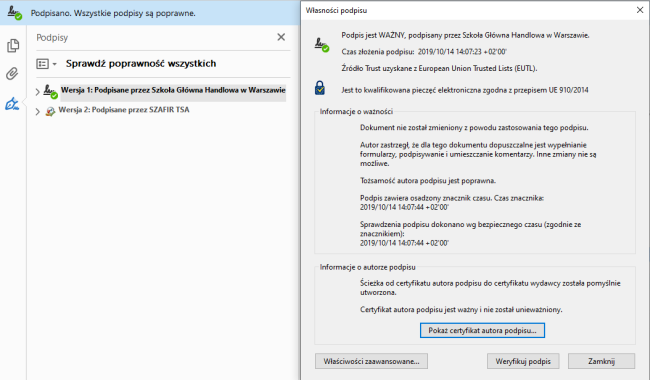 Informacje o właściwościach podpisu elektronicznego wygenerowane w Adobe Reader screen 2021