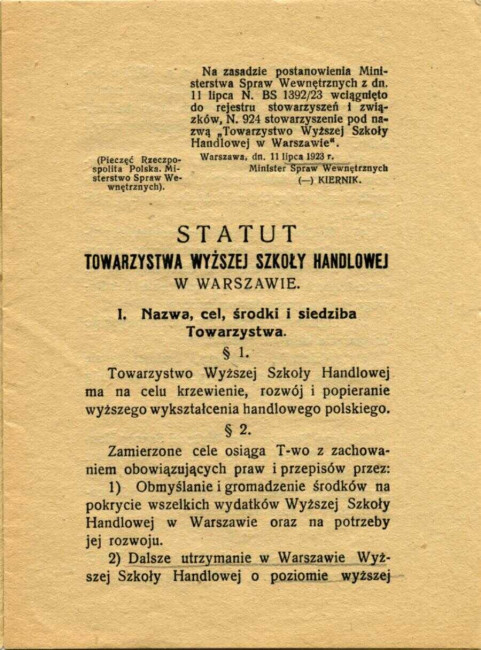Statut Towarzystwa Wyższej Szkoły Handlowej w Warszawie, 11 lipca 1923 rok