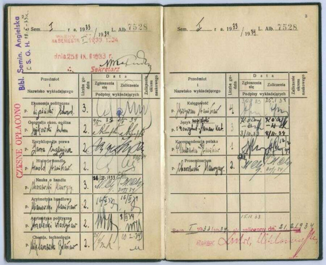 Indeks studenta Szkoły Głównej Handlowej z 1933 roku