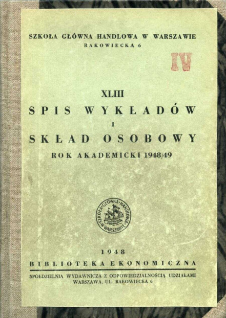Szkoła Główna Handlowa w Warszawie. Spis wykładów i skład osobowy, rok akademicki 1948/1949 (okładka)