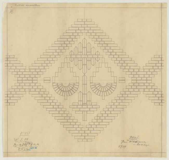 Biblioteka Wyższej Szkoły Handlowej w Warszawie. Projekt elementu fryzu, 1929 rok. Źródło: MAW_IIIb 136-31