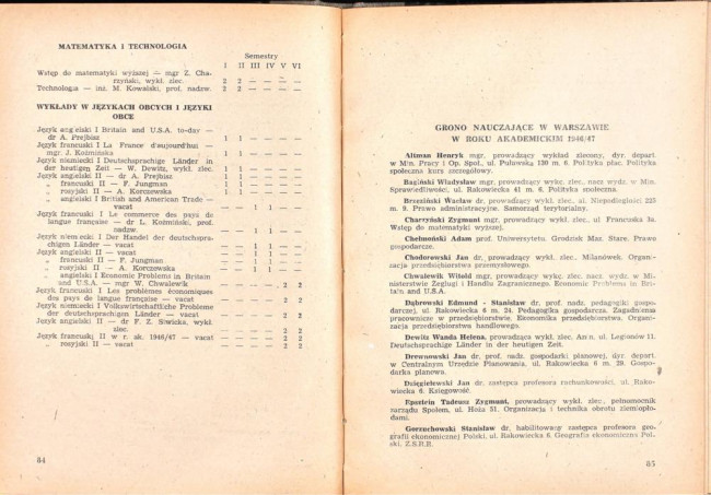 strony składu osobowego i spisu wykładów na rok akademicki 1946/47