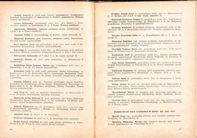strony składu osobowego i spisu wykładów na rok akademicki 1946/47