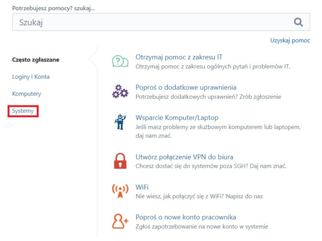 Okno wyboru systemu w Help Center