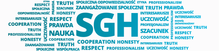 Grafika złożona z różnych napisów kojarzących się z obszarem CSR. Na środku znajduje się logo SGH