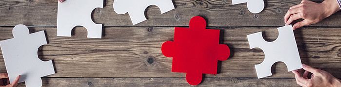 Rozrzucone białe puzzle i jeden czerwony