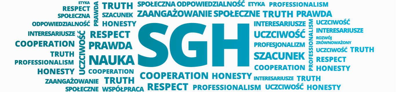 Grafika złożona z różnych napisów kojarzących się z obszarem CSR. Na środku znajduje się logo SGH