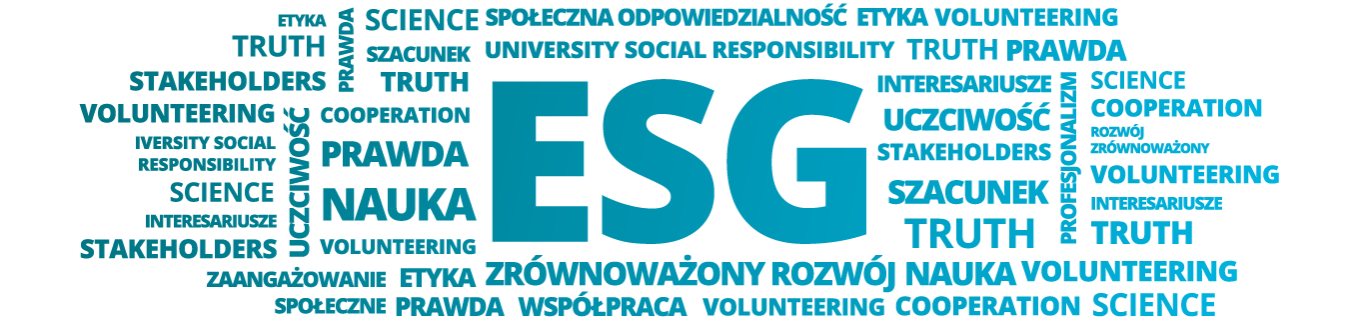 Grafika złożona z różnych napisów kojarzących się z obszarem ESG. Na środku znajduje się napis ESG