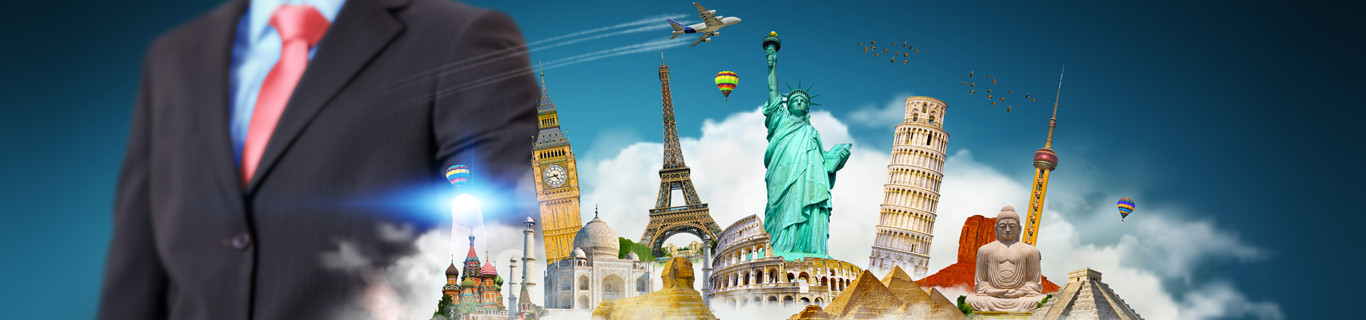 sławne atrakcje turystyczne z całego świata ustawione obok siebie nad nimi przelatuje samolot a po lewej w tle sylwetka mężczyzny ubranego w garnitur zdjęcie