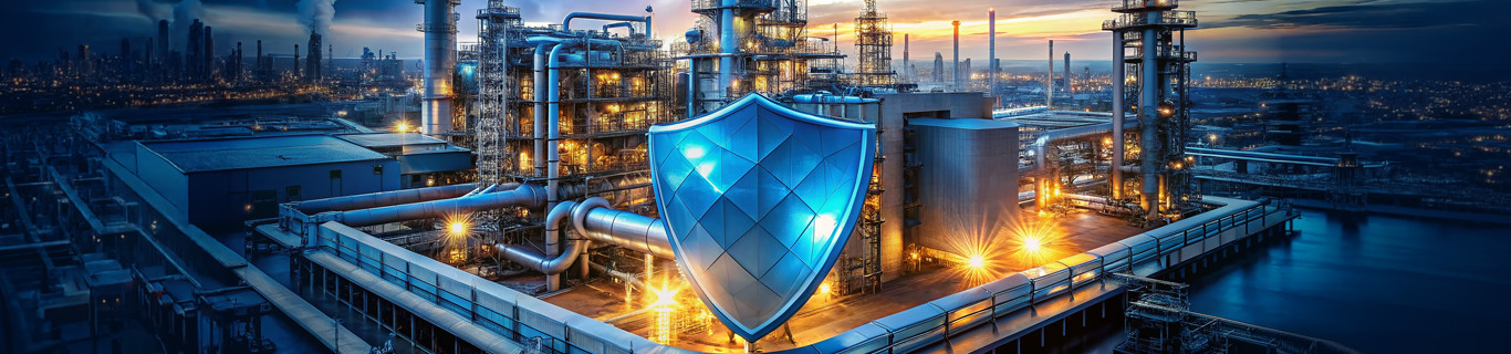 Nowoczesny kompleks przemysłowy z instalacjami energetycznymi i dużą cyfrową tarczą symbolizującą ochronę infrastruktury krytycznej