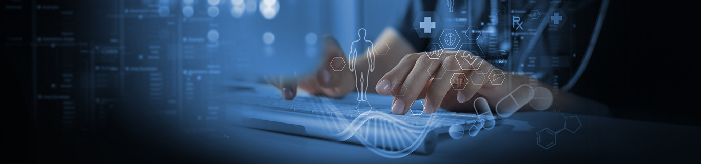 Klawiatura i holograficzne symbole medyczne symbolizujące technologie MedTech