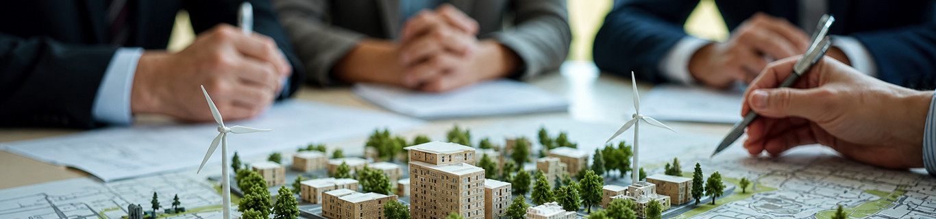 Zespół specjalistów omawia plan inwestycji infrastrukturalnej nad makietą nowoczesnego osiedla z budynkami, zielenią i turbinami wiatrowymi, analizując dokumentację i mapy