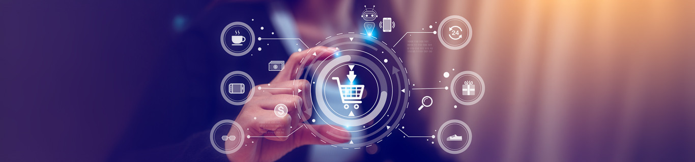 Cyfrowa ścieżka zakupowa klienta z elementami komunikacji marketingowej i e-commerce.