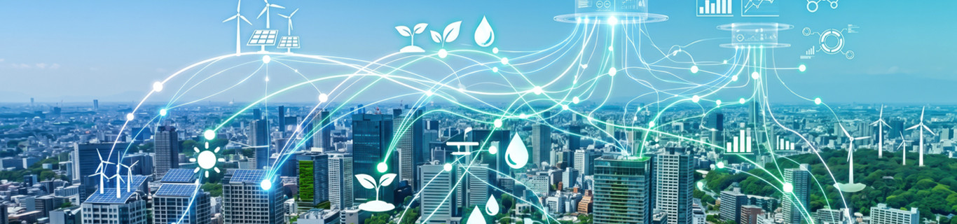nowoczesne miasto z odnawialnymi źródłami energii, zieloną infrastrukturą i cyfrowymi systemami monitorowania zrównoważonego rozwoju