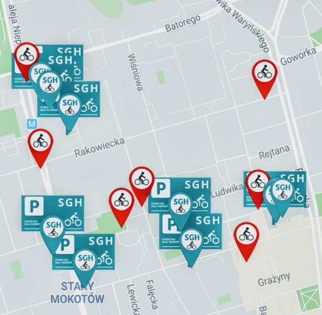  Lokalizacje rowerów miejskich SGH dostępnych na kampusie uczelni