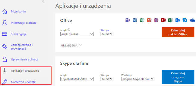 Inne instalacje do pobrania dostępne w pakiecie office 365 screen 2021