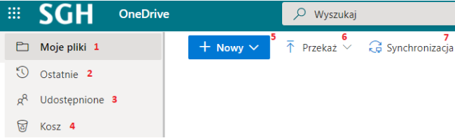 Opis najważniejszych funkcji w menu Onedrive screen 2021