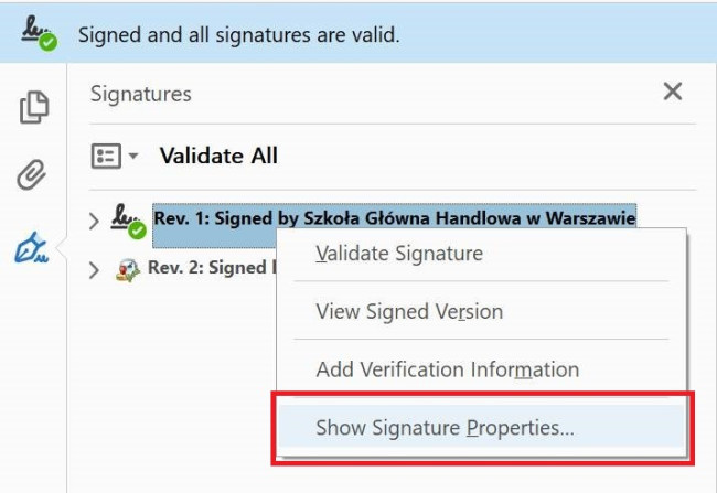  Checking the properties of the electronic signature in Adobe Reader screen 2021