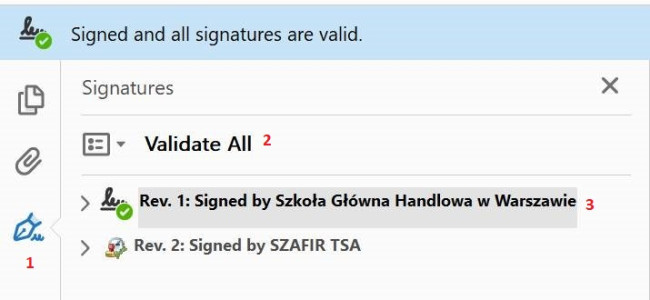 Cchecking the correctness of signatures in Adobe Reader screen 2021