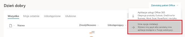 Widok po zalogowaniu się na chmurę SGH pokazujący opcję Inne opcje instalacjii