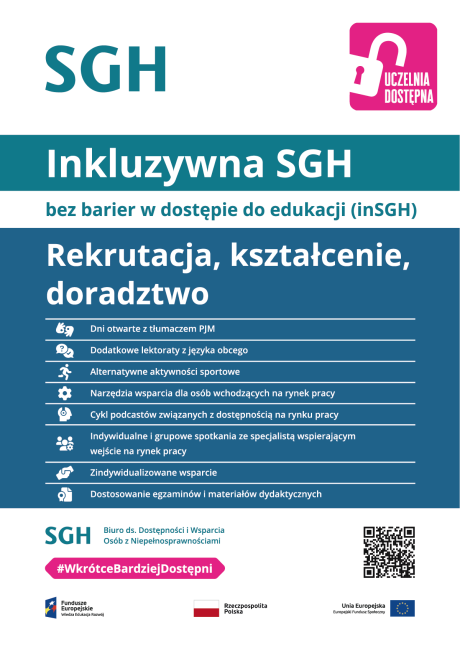 Kolorowy plakat z tekstem: Inkluzywna SGH – bez barier w dostępie do edukacji (inSGH) – rekrutacja, kształcenie, doradztwo  •	Dni otwarte z tłumaczem PJM •	dodatkowe lektoraty z języka obcego •	alternatywne aktywności sportowe •	narzędzia wsparcia dla osób wchodzących na rynek pracy •	cykl podcastów związanych z dostępnością na rynku pracy •	indywidualne i grupowe spotkania ze specjalistą wspierającym wejście na rynek pracy •	zindywidualizowane wsparcie  •	dostosowanie egzaminów i materiałów dydaktycznych