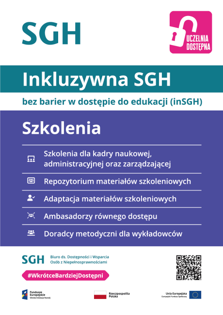 Kolorowy plakat z tekstem: Inkluzywna SGH – bez barier w dostępie do edukacji (inSGH) – szkolenia  •	szkolenia dla kadry naukowej, administracyjnej oraz zarządzającej  •	repozytorium materiałów szkoleniowych •	adaptacja materiałów szkoleniowych  •	ambasadorzy równego dostępu •	doradcy metodyczni dla wykładowców