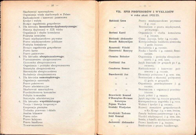 piąta strona spisu wykładów i programu studjów w roku akademickim 1922/23