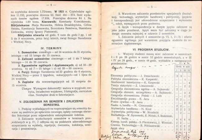 druga strona spisu wykładów i programu studjów w roku akademickim 1923/24