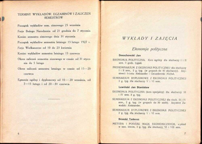 strony składu osobowego i spisu wykładów na rok akademicki 1926/27