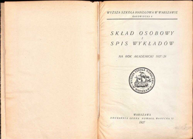 okładka składu osobowego i spisu wykładów na rok akademicki 1927/28