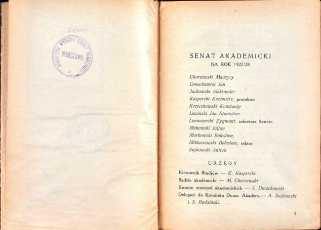strony składu osobowego i spisu wykładów na rok akademicki 1927/28