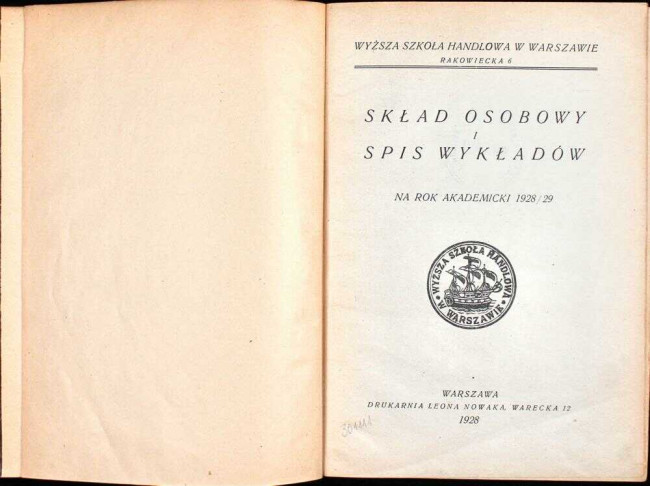 okładka składu osobowego i spisu wykładów na rok akademicki 1928/29