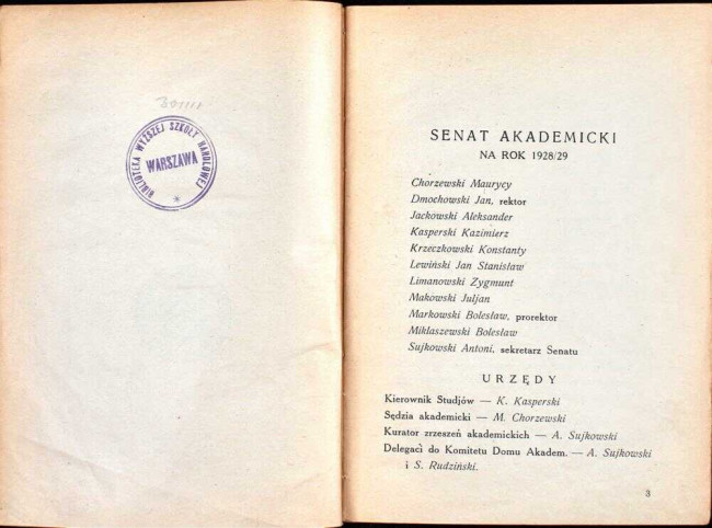 strony składu osobowego i spisu wykładów na rok akademicki 1928/29