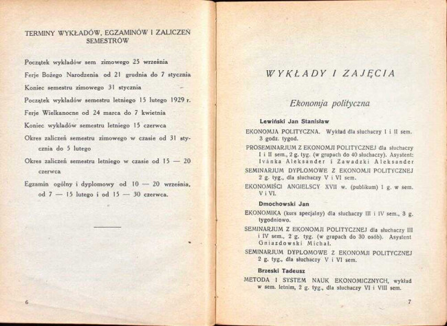 strony składu osobowego i spisu wykładów na rok akademicki 1928/29