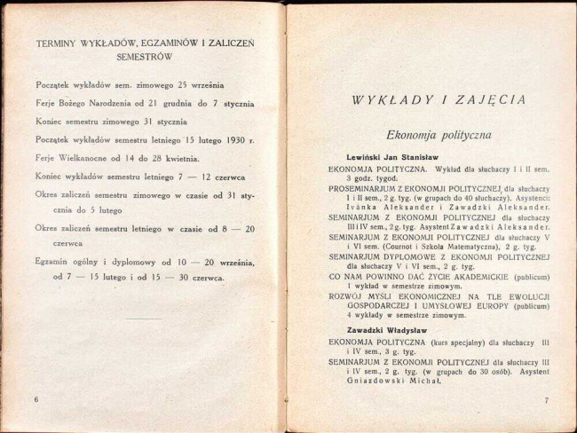 strony składu osobowego i spisu wykładów na rok akademicki 1929/30