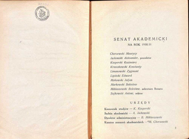 strony składu osobowego i spisu wykładów na rok akademicki 1930/31