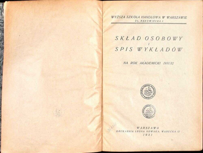 okładka składu osobowego i spisu wykładów na rok akademicki 1931/32