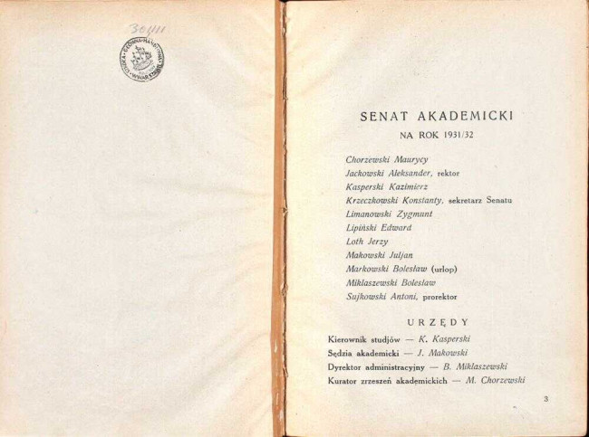 strony składu osobowego i spisu wykładów na rok akademicki 1931/32