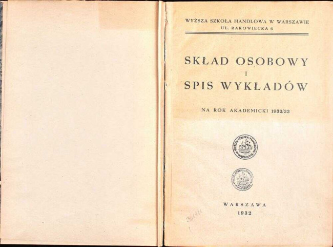 okładka składu osobowego i spisu wykładów na rok akademicki 1932/33