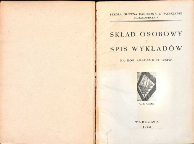 okładka składu osobowego i spisu wykładów na rok akademicki 1933/34