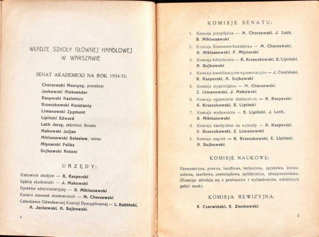 strony składu osobowego i spisu wykładów na rok akademicki 1934/35