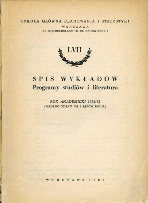 Spis wykładów, program studiów i literatura. Rok akademicki 1962/1963 (okładka)