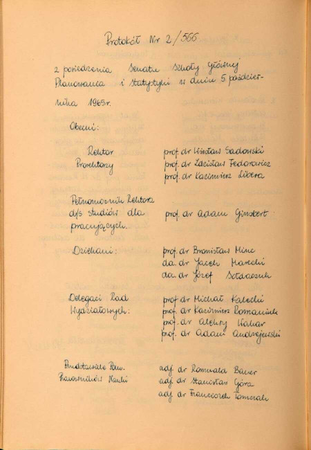 Protokół z posiedzenia Senatu Akademickiego SGPiS w dniu 5 października 1965 roku