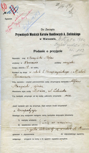 Podanie Stefana Starzyńskiego o przyjęcie do Prywatnych Męskich Kursów Handlowych A. Zielińskiegdo w Warszawie, 23 sierpnia 1911 rok