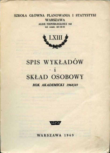 Szkoła Główna Planowania i Statystyki w Warszawie. Spis wykładów i skład osobowy rok akademicki 1968/1969 (okładka)