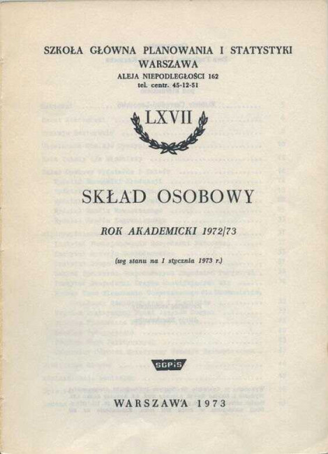 Szkoła Główna Planowania i Statystyki w Warszawie. Skład osobowy - rok akademicki 1972/1973 (okładka)