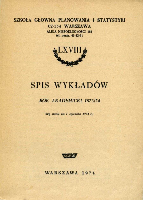Szkoła Główna Planowania i Statystyki w Warszawie. Spis wykładów -rok akademicki 1973/1974 (okładka)