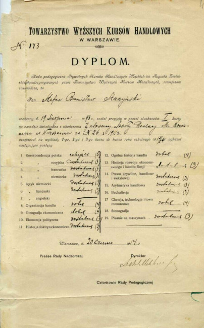 Dyplom Stefana Starzyńskiego wydany przez Prywatne Kursy Handlowe Męskie im. Augusta Zielińskiego, 20 czerwca 1914 rok